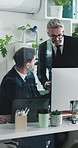 Planning, manager or businessman with tech in office, market research or review proposal for approval. Feedback, director or people with pc for trade execution, stocks acquisition or tablet by glass