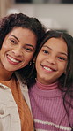 Face, mother and child in home for love, connection and parent bonding with happy daughter for trust. Mama, girl and family care in apartment together, support and smile with portrait of young kid