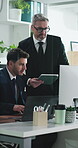 Feedback, manager or businessman with tech in office, market research or review proposal for approval. Discussion, glass or people with pc for trade execution planning, stocks acquisition or tablet