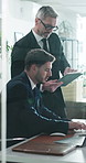 Tablet, manager or businessman with laptop in office, market research or proposal feedback for approval. Review, investment director or people with tech for trade planning, typing report or glass