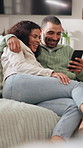 Relax, cuddle and couple with phone on couch, share social media post or watch funny video together. Bonding, support and happy people with mobile app for internet meme, laughing and chill in home
