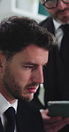 Man, team and lawyer with review at office for discussion, insight or tablet for legal advice services. People, attorney and consultant with tech, planning and feedback for case at corporate law firm