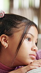 Sad, thinking and child with depression, neglect and remember memories alone for foster care trauma. Orphan, reflection and girl with mental health, adoption crisis or abandoned with despair in home.