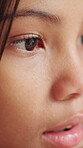 Eyes, thinking and vision with girl child in home for development, future or perspective. Insight, reflection of window and waiting with little kid in apartment for ideas, inspiration or wonder