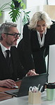 Computer, planning or business people with discussion in office, market research or investment proposal. Review, brainstorming and mature staff with pc for trading report, collaboration and advice