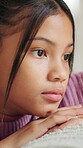 Sad, thinking and child with depression, anxiety and remember memories alone for foster care trauma. Orphan, reflection and girl with mental health, adoption crisis and abandoned with sorrow in home.