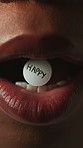 Mental health, psychology and woman mouth with tablet for help, stress and psychiatric balance. Happy, medicine and person with depression, recovery or ptsd pills, trauma or crisis with treatment