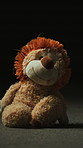 Toy, teddy bear or trauma with fear on floor for horror, abandon or loneliness in a dark room. Empty, stuffed animal or adoption with grief for foster care rejection or nightmare on mockup space