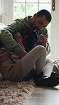 Console, father and hug with girl on bedroom floor for comfort or love as victim of bullying. Comforting, crying and single parent man embracing daughter in family home for empathy or support