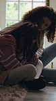 Comforting, hug and mother with girl on bedroom floor for comfort or love as victim of bullying. Console, crying and single parent woman embracing daughter in family home for empathy or support