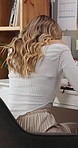 Remote work, thinking and woman with notebook for writing reminder, ideas or planning for copywriting. Freelancer, home office and person with inspiration for article, trending topic and productivity