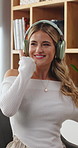 Freelancer, music and dance with woman in home office for research break, streaming and sound. Audio subscription, remote worker and headphones with person in apartment for smile, song and listening