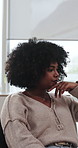 Remote work, thinking and black woman in home with ideas for blog, story and planning for copywriting. Freelancer, creative and person with inspiration for article, trending topics and productivity