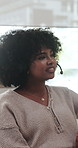 Remote work, talking and black woman with headset for online consulting, client support and help. Wfh, home and person with microphone for virtual assistance, customer advisory and communication