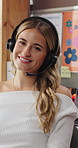 Remote work, headset and face of woman in home office for virtual assistant, client support and help. Wfh, happy and portrait of person with microphone for consulting, online advice and contact us