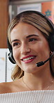 Remote work, happy and woman with headset talking for virtual assistance, client support and help. Consultant, home and person with microphone for consulting, online advice and customer communication
