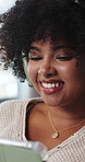 Laugh, headphones and black woman in home on tablet for online videos, social media and streaming. Relax, happy and person on digital tech for internet, website and connection to listen to podcast