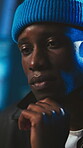 Black man, night and thinking with hacker in server room for cybercrime, digital theft or fraud. Hacking, ideas and problem solving with person in dark data center for network or system breach
