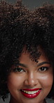 Happy woman, face and confident with afro, haircare and cosmetic for healthy natural texture or glow. Shaking, hair and person with pride for beauty, dermatology and self care with makeup in Brazil