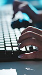 Night, woman and hands with computer for cybersecurity, typing report and AI software development. Late, female person or programmer with desktop with research, antivirus or check network for breach.