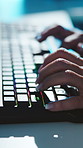 Hands, keyboard and typing at night for programming, web development or coding project in office. Woman, programmer or RGB tech in workplace for update deadline, software engineering or cybersecurity