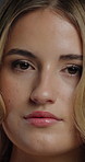 Beauty, face and woman with hairbrush for haircare, studio or cosmetics for healthy natural texture. Gray background, makeup and person with tool for hair growth, grooming and serious in Canada