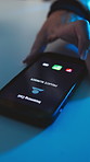 Phone call, screen and woman with hands, night and connection for online chatting. Tech, person or digital app for phishing scam, evening and unknown contact with warning, sign and cyber security