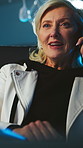 Mature, woman and business discussion with phone call for proposal, conversation or communication. Female person, employee or night with smartphone for late evening chat, information or data control