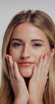 Beauty, glow and face of woman in studio for manicure, skincare and cosmetics. Self care, gel nail polish and salon set with portrait of person on white background for shine, makeup and cosmetology