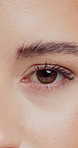 Closeup, eye and face of woman with mascara for cosmetics, microblading and grooming. Skincare, beauty and portrait of person with makeup for lash lift, eyelash extension and cosmetology treatment
