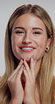 Studio, face and happy woman with healthy skin, skincare or glow with cosmetics for facial benefits. White background, aesthetic and person with smile for wellness, anti aging and dermatology in USA