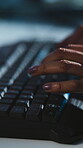 Hands, keyboard and typing at night for web development, programming or coding project in office. Woman, programmer or tech in workplace for update deadline, software engineering or cybersecurity