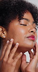 Makeup, skincare and woman in studio with natural, glow and facial cosmetics for confidence. Soft face, beauty and female person with cosmetology for benefits, health or wellness by white background.