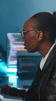 Black woman, glasses and programming with computer in office for research, software manual and coding. Person, tech and troubleshooting for update, website maintenance and debugging system of server