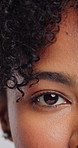 Beauty, eye and face of black woman with mascara for cosmetics, microblading and grooming. Salon, closeup and portrait of person with makeup for lash lift, eyelash extension and cosmetology treatment