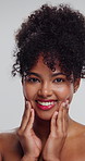 Makeup, skincare and face of woman in studio with glow, facial cosmetics and confidence. Happy, beauty and portrait of female person with cosmetology for health or wellness by white background.
