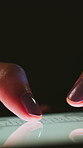 Night, typing or hands with phone screen for hacking, writing phishing email or cyber crime for scam. Malicious link, ransomware virus or person with mobile for digital fraud, internet or dark net
