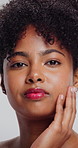 Face, makeup and woman with healthy skin, skincare and confident with cosmetics for facial benefits. White background, shine and black person with smile for wellness, self care and studio in Kenya