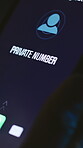 Night, answer or hands with phone screen for call, private number or phishing risk for cybersecurity. Scam alert, communication or person with mobile for anonymous ID, suspicious contact or late