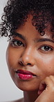 Face, makeup and woman with healthy skin, wellness and confident with cosmetics for facial benefits. White background, shine and black person with pride for skincare, self care and studio in Kenya