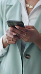 Hands, corporate and woman with phone in office for research, contact client and real estate. Female person, scroll and mobile to email buyer, pricing property and online inquiry for resale listing