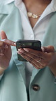 Hands, business and woman with phone in office for research, contact client and real estate. Female person, scroll and mobile to email buyer, pricing property and online inquiry for resale listing