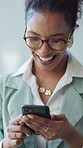 Reading, smile or businesswoman with phone in office, scroll social media or funny message for humor. Laugh, review web chat and employee with mobile for online communication, internet joke and email
