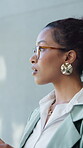 Thinking, reading and business woman in office, message reflection and planning work schedule. Email review, project feedback and employee with idea for improvement, serious and proposal perspective