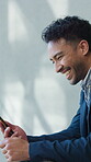 Reading, smile and businessman with phone in office, scroll social media and funny message for humor. Laugh, review web chat and employee with mobile for online communication, internet joke and email