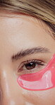 Eye patch, skincare and closeup of woman for fine line treatment, hyaluronic acid or beauty. Dark circles cosmetics, collagen mask and self care with female person for dermatology, hydration and glow