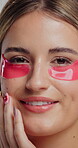 Eye patch, smile and face of woman for fine line treatment, hyaluronic acid or beauty. Dark circles cosmetics, collagen mask and self care with person for dermatology, hydration and skincare glow