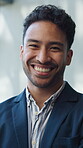 Realtor, face or Asian man in agency with laugh, pride or career growth as property seller. Happy, portrait or real estate agent with confidence, positive attitude or experience in housing industry.
