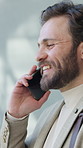 Happy, businessman or discussion with phone call in office for corporate proposal or online advice. Man, employee or consultant with smile on smartphone for business chat or conversation in workplace