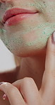 Hands, skincare and woman in studio with green mask for facial treatment, hydration and wellness. Salon, beauty and face of person with cosmetics for dermatology, cleanse or glow on white background